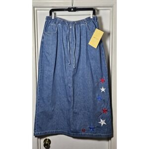 Quacker‎ Factory Long Denim Skirt Size 1X Embroidered Stars Pockets Patriotic